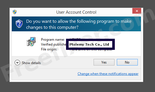 Screenshot where Ptolemy Tech Co., Ltd appears as the verified publisher in the UAC dialog